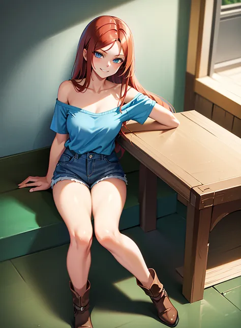 young girl of 15 years, long haired redhead with blue eyes, Short white off-the-shoulder shirt, bright blue short jean shorts, s...