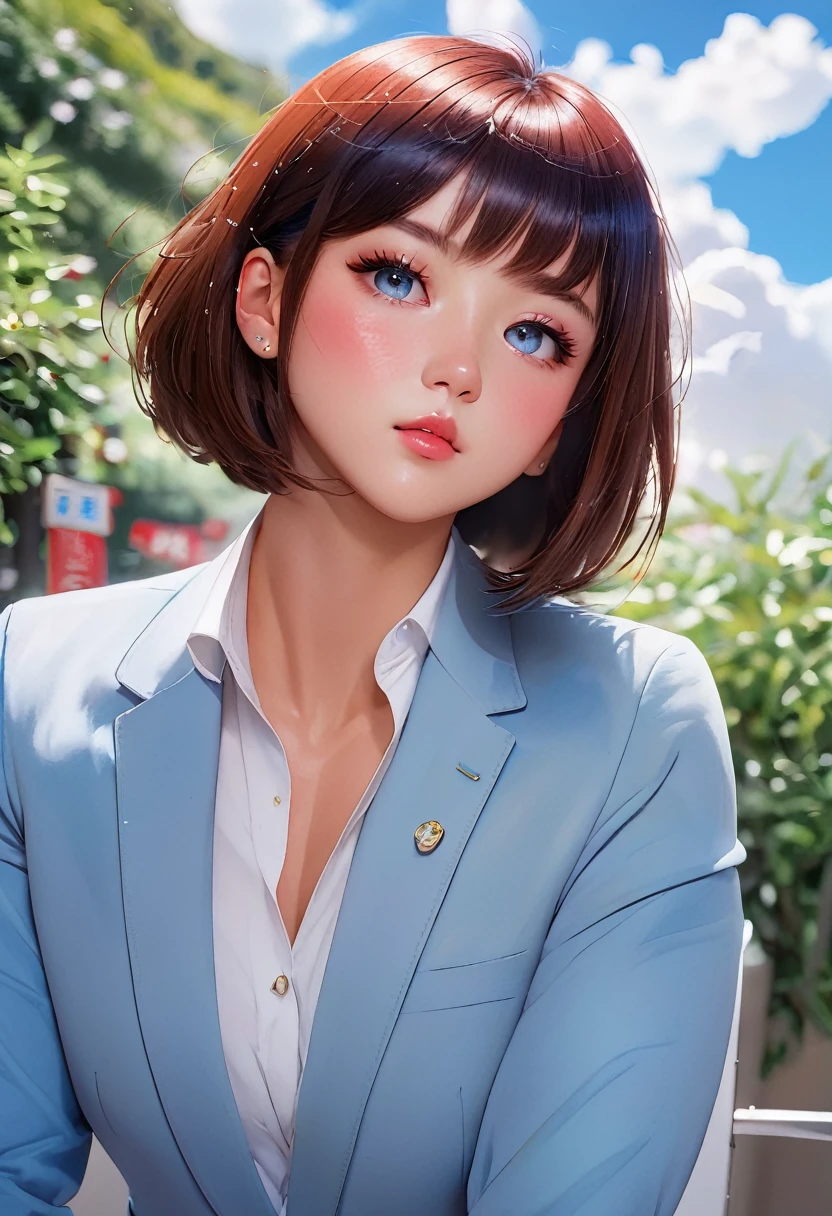 (software:1.8、masterpiece, highest quality),1 girl, alone, hyper Realistic, Realistic,Realistic, Looking at the audience, Light brown eyes:1.4,Brunette Short Bob Hair with highly detailed shiny hair, bright red clothes:1.4, Lepangas:1.4), Mouth closed, Upper Body、big chest eye、eyelash、{Huge|big chest|Huge|Mega} whole :2, Chest cleavage:2、(((Add highlights to the eyes:1.4、big chest eye、Short Bob Hair、Glowing Skin:1.4、Looking at the audience、She is very 美しい and cute、Show me your ears、Beautiful long neck、smile、Close your mouth and smile、Bangs and beautiful teeth)))、Ideal body type、((Very beautiful blue sky background with clouds:2、Beautiful gradation blue sky scenery:2、Very beautiful blue sky background:2))、Beautiful long neck:1.4、(({Huge|big|Huge|Mega} chest, Chest cleavage:2))、(((Portraiture:2、Face close-up:2、Face close-up:2)))、Perfect Anatomy