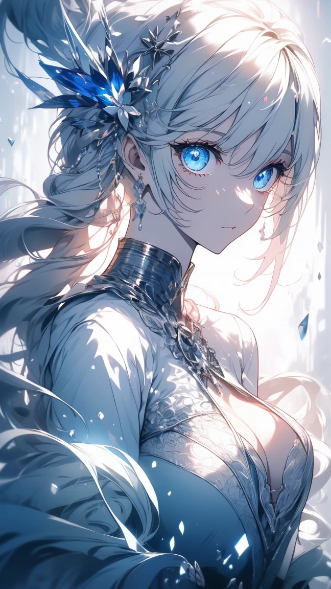 (masterpiece),((Highly detailed long silver hair)),((expressive blue eyes)),(Highly detailed see through white dress),deep cleavage,happy expression,extremely beautiful mature woman, milf,pale white skin,silver jewelry,best quality,cel shading,8K HD,highly detaild face, highly detaild eyes,flat color,(fullbody angle),(standing),high contrast,contrapposto,white background