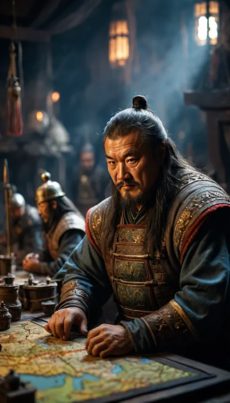 cinematic style, genghis khan and his generals planning strategies using maps and miniatures, background dark, hyper realistic, ...