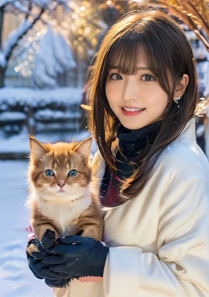 歯をみせsmile、Blue Eyes、Holding a kitten、Photo from the waist up、Night city illumination shot、Cowgirl Shot、Fur coat、豪華なグレーのミンクのFur coat、Wear fine leather boots、Luxury Bags、Inner turtleneck、Silver necklace and small silver earrings Millionaire style:1.4））、Full body photo、smile、 Caustics、Highly detailed photos、Very beautiful woman 、Ample breasts、No makeup、(8K、RAW Photos、Highest quality、masterpiece:1.2)、(Realistic、Realistic)、1 Girl、((Medium Short Hair、Midwinter、Cold region Snow falling、The wind is blowing、Fluttering Hair、Blur the background、Colorful illuminations、Looking into the camera:1.4))、
