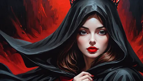 An oil painting：1Mysterious Woman，wearing a hooded cloak，The cloak covers the eyes，Red crown，Red lips，Dark background，fear，