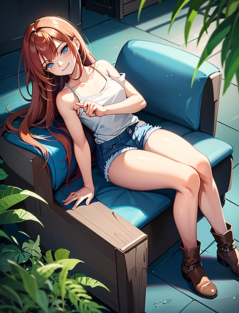 young girl of 15 years, long haired redhead with blue eyes, short white shirt, bare shoulders, bright blue short jean shorts, serious look, sitting, SMILE, smiling, short brown boots with white