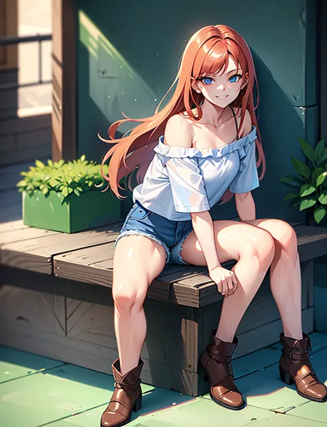 young girl of 15 years, long haired redhead with blue eyes, Short white off-the-shoulder shirt, bright blue short jean shorts, s...