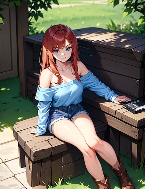 young girl of 15 years, long haired redhead with blue eyes, Short white off-the-shoulder shirt, bright blue short jean shorts, s...