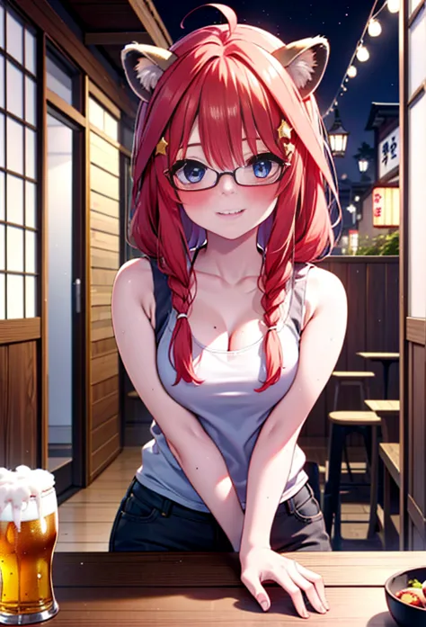 satsuki nakano, itsuki nakano, bangs, blue eyes, hair between the eyes, ahoge, redhead, long braids,red-rimmed glasses,star \(sy...