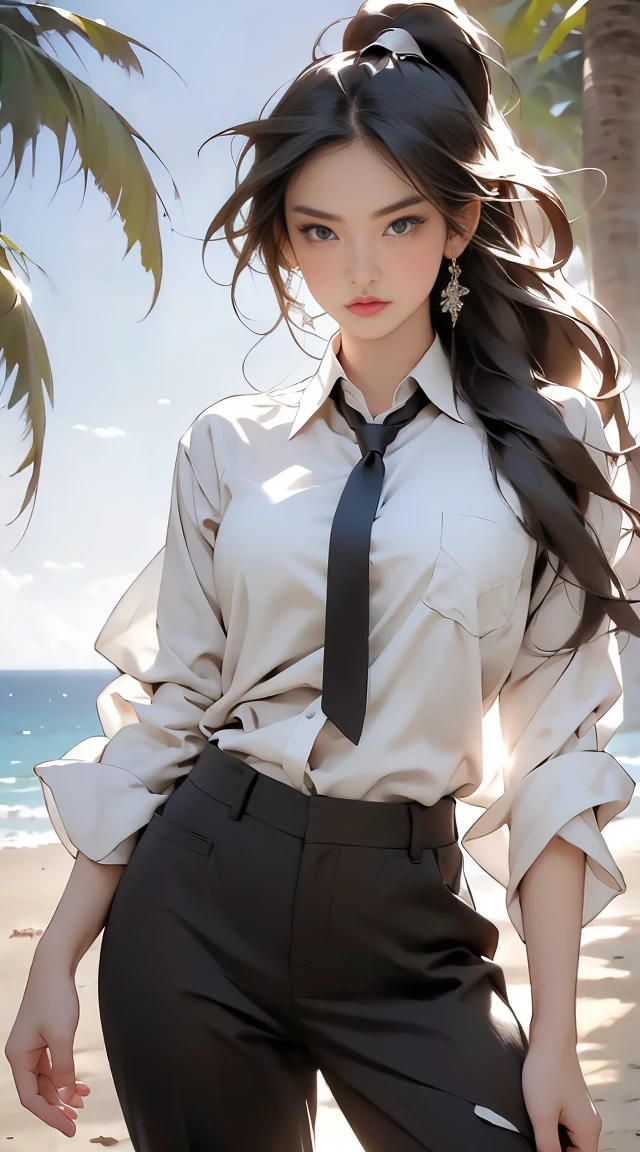 ((Highest quality, 8K, masterpiece :1.3)), ((masterpiece, Highest quality, High resolution, Very detailed),(beautifully、Aesthetically beautiful:1.2), 1 female, Adult, Perfect body, Wavy black hair, Green Eyes, Tie your hair back、She has a beautiful ponytail, Detailed eyes and face, Oversized long shirt, sow off nipples under white shirt, Tight clothing ,bikini, Golden Hour, Beach, Ocean, sand, Palm tree, whole body 