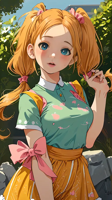(A beautiful young woman with twin pigtails hairstyle:1.5), modern clothing, animated style, pretty orange priest anime costume,...