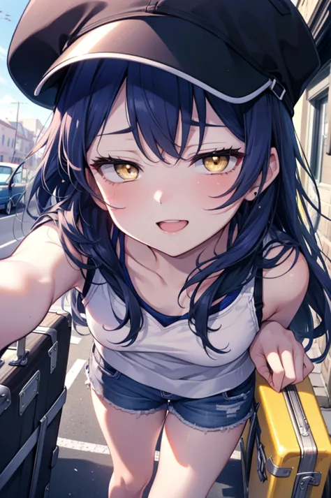  Umi Sonoda, Long Hair, Blue Hair, (Yellow Eyes:1.5) (Flat Chest:1.2),happy smile, smile, Open your mouth,Baseball hats,Sleevele...