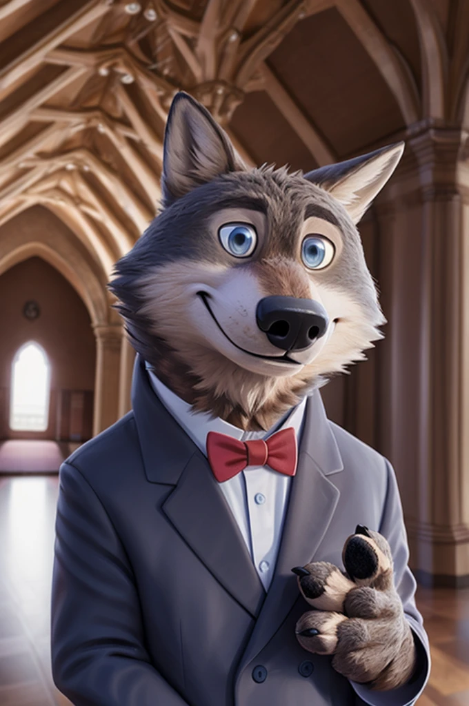 Larry (Zootopia), wolf, Gray Fur, (brown body:1.3), beautiful blue eyes, Zootopia, dressed,blazer,pink shirt,trousers,boutonniere,the bow tie, canine,wolf, detailed fur, male, second, paw pads, finger claws,одевает the bow tie, Games,At the viewer, 5 fingers, paws, 4 toes, in the wedding palace, groom, next to my stepfather, белый wolf, 
BREAK from nextel, for dating, by xenoforge, (difficult, high detail,digital photography, soft focus, RAW, close to the camera, smile, positive, Good, mood, Houses, looks at the viewer, очень close to the camera,his wedding, palace church, Photorealism, realistic, photorealistic,digital style, Subsurface scattering,очень close to the camera
шедевр, Best quality, ultra realistic, 8 thousand.)