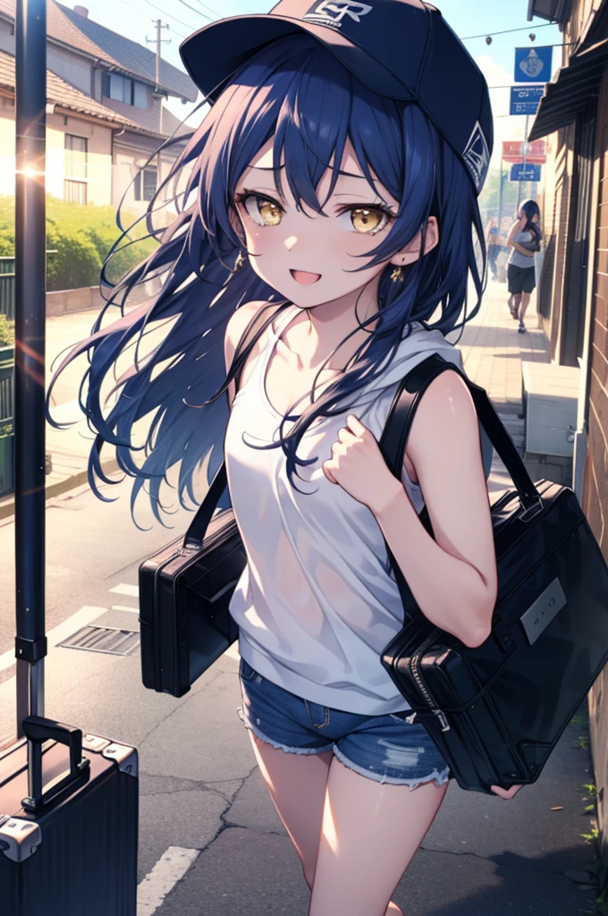  Umi Sonoda, Long Hair, Blue Hair, (Yellow Eyes:1.5) (Flat Chest:1.2),happy smile, smile, Open your mouth,Baseball hats,Sleeveless blue hoodie,Open front,White Tank Top,Shorts,Sandals,Push-type suitcase,Walking,Daytime,Clear skies,True Summer,whole bodyがイラストに入るように,
break looking at viewer,whole body,
break indoors, countryside,In town,
break (masterpiece:1.2), Highest quality, High resolution, unity 8k wallpaper, (figure:0.8), (Beautiful attention to detail:1.6), Highly detailed face, Perfect lighting, Highly detailed CG, (Perfect hands, Perfect Anatomy),