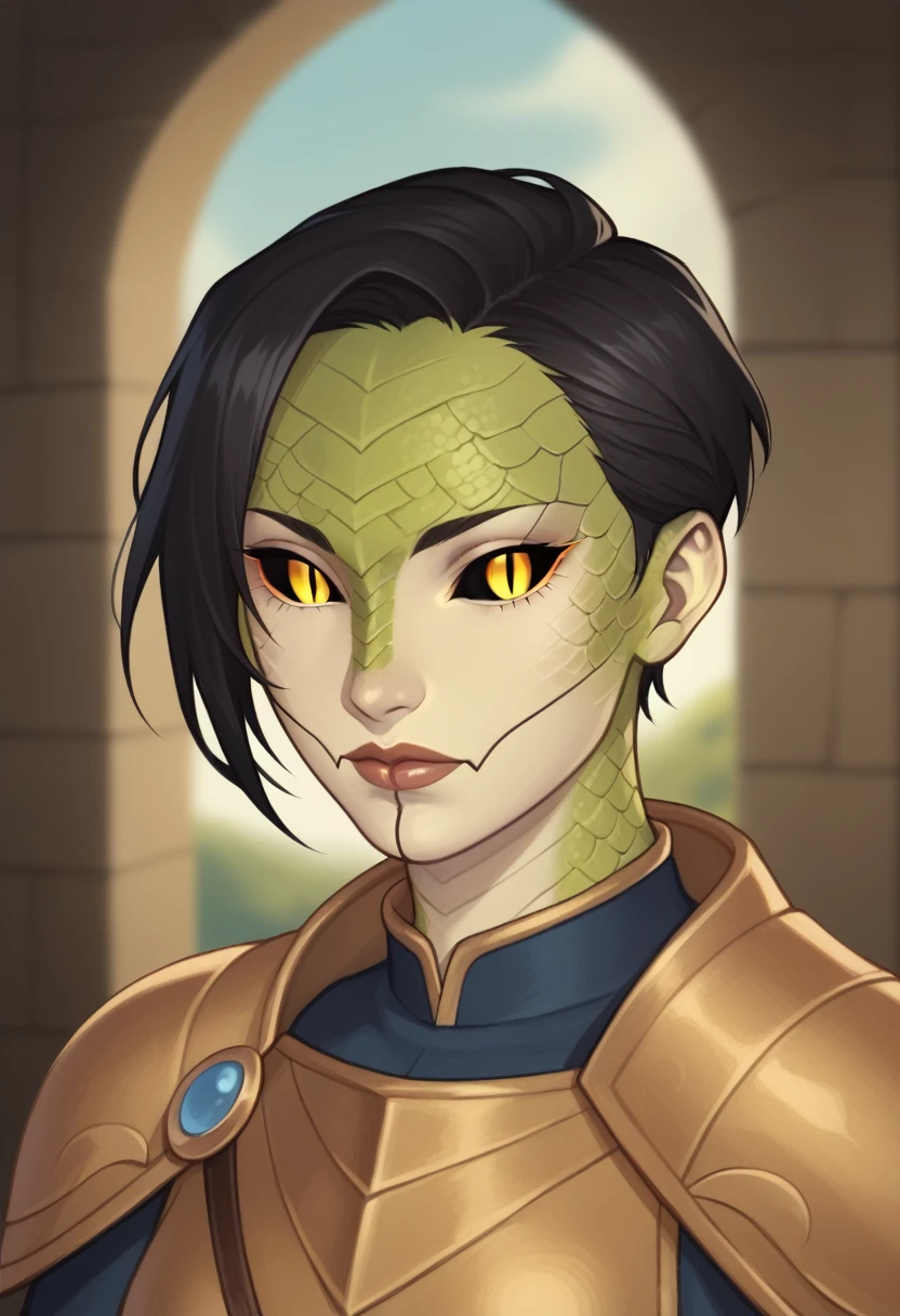 (((beautiful, high quality, perfect eyes, comics style))), upper body, score_9, score_8_up, score_7_up, (Yuan-ti, black sclera, slit pupils, scales), 1girl, yellow eyes, colored skin, white skin, without ears, (green scales), pixie hair, black hair, armor, fantasy background, blurred background, easynegative, ruan jia, steve mccurry