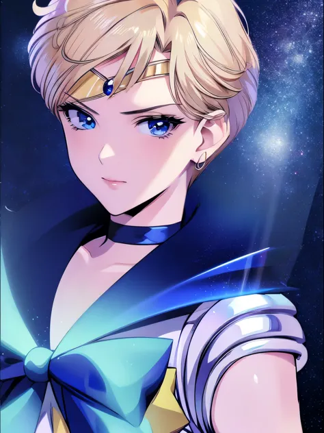 sailor uranus, 1 girl, blonde hair, short hair, blue eyes, detailed eyes, simple background, female focus, alone, standing, haru...