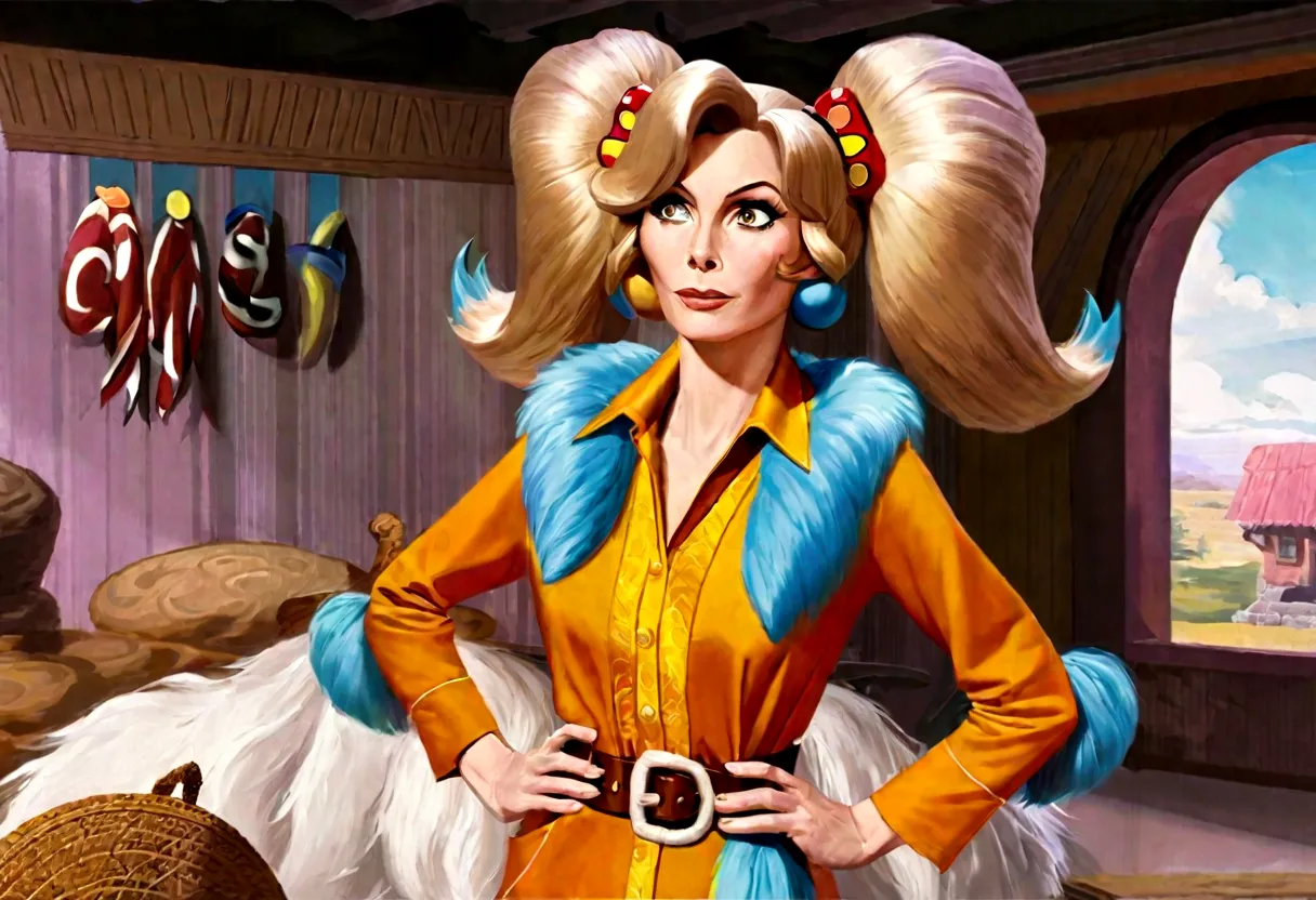 wilma flintstone (gates mcfadden, age 30, twintails, bone in hair, fur 2 piece outfit, casual pose hands on hip, slightly annoye...