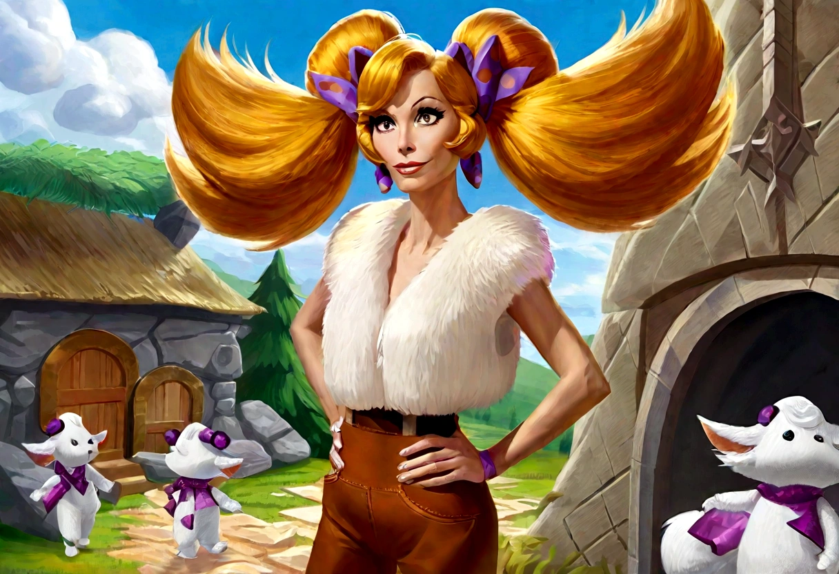 Wilma Flintstone (gates McFadden, age 30, twintails, bone in hair, fur 2 piece outfit, casual pose hands on hip, slightly annoyed) in a Bedrock house with animal appliances