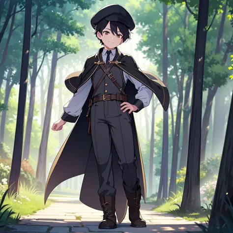 A young man with short black hair,Hair that hides ears,Golden Eyes,wearing a newsboy cap,Cape,slacks,boots,Cat tail,In the woods...