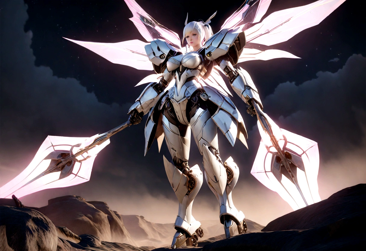 a giant mecha, female form, heavy battered armor, carrying a melee weapon, twintails, white with a random off color trim, powered by hope and love, posing on the moon, cinematic lighting, dramatic angles, highly detailed, 8k, hyper realistic, volumetric fog, glowing energy effects, stunning, awe-inspiring, intricate mechanical design, seamless integration of organic and mechanical elements, gleaming metallic surfaces, dynamic pose, moonlit background, sense of scale and grandeur, digital art, 3d render, unreal engine, cinematic composition, award winning cg artwork
