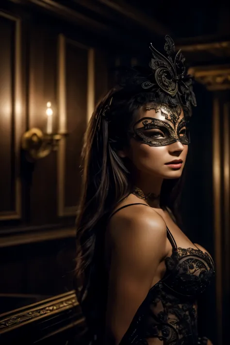 Create a full-body photo of a semi-nude woman at a secret masquerade party. She is wearing an intricate Venetian mask and an ela...