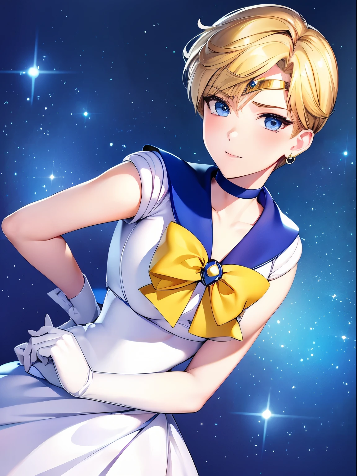 sailor uranus, 1 girl, blonde hair, short hair, blue eyes, detailed eyes, simple background, female focus, alone, Standing, Haruka Teno, portrait, full body, (Masterpiece:1.0), (best quality:1.0) , (wallpaper 8k:1.0), (detailed beautiful face:1.0), (detailed deep eyes), deep eyes, looking at viewer, sailor scout, yellow bow on chest, blue skirt, white gloves,