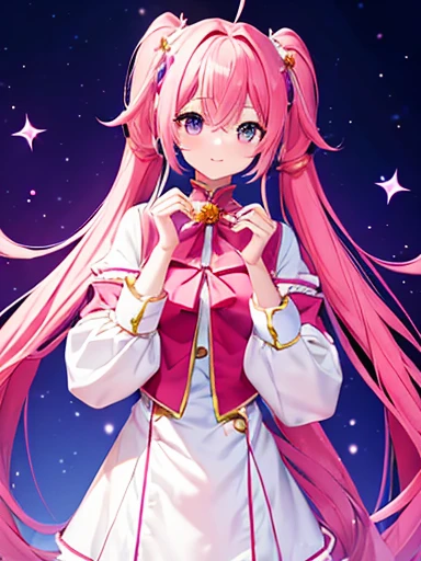 high quality，masterpiece。A cute magical girl with very long pink hair，The hairstyle is long twin tails。She stands upright with her face and body facing the viewer，True Identity。Her hands are empty，Don&#39;t move your hands。She seems tall，Her breasts are very large，Good style，She has the perfect proportions as a woman.。She is smiling with her pretty face，Both eyes are blue。Her outfit is、A proper magical girl costume..，Clothes that don&#39;t reveal much of the chest，The costume covers the chest，Magical Girl Costume，Costumes with flashy designs such as ribbons and frills，The costume has a white and pink color scheme..，Skirt is a mini skirt，Long white gloves on both hands，Long white socks on both feet。She is standing，Where you&#39;re standing is in the city。