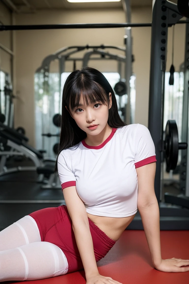 8K、High resolution、masterpiece、Realistic、In detail、Fine texture、Head-to-toe portrait、High Contrast、alone、high school girl、Natural body shape、White skin、Natural Makeup、Black Hair、bangs、Straight Long Hair、((School-designated gym clothes))((The upper body is a long-hemmed white gym uniform.、Short sleeve、There is a wine red line、))、((The lower half of the body is wine red tight bloomers))、Sit with your legs apart、、(((I tucked the bottom of my gym clothes into my bloomers..、push into)))、Raise your knees、Bend your legs、Big Breasts、、((The upper body is wearing gym clothes))、((School classroom))、Looking into the camera、、Full body photo、Focus on the groin、Exposing thighs、White shoes下、White shoes、Keep your buttocks on the floor、Place your hands on the floor、((Her white panties are slightly visible from the edge of her bloomers..))