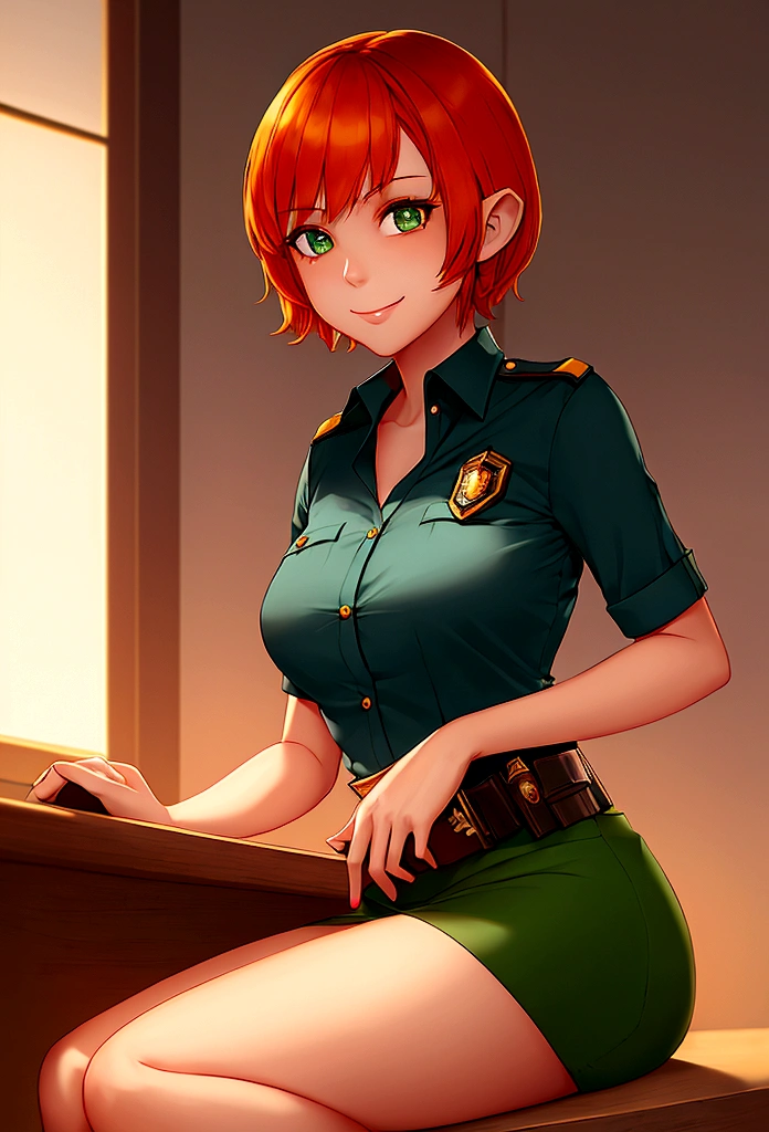 1 girl, frances, short hair, Orange hair, green eyes, parts, SMILE, Red bow, blue shirt, roll up the sleeve, mountain, officer, (evening:1.5), looking at the viewer 