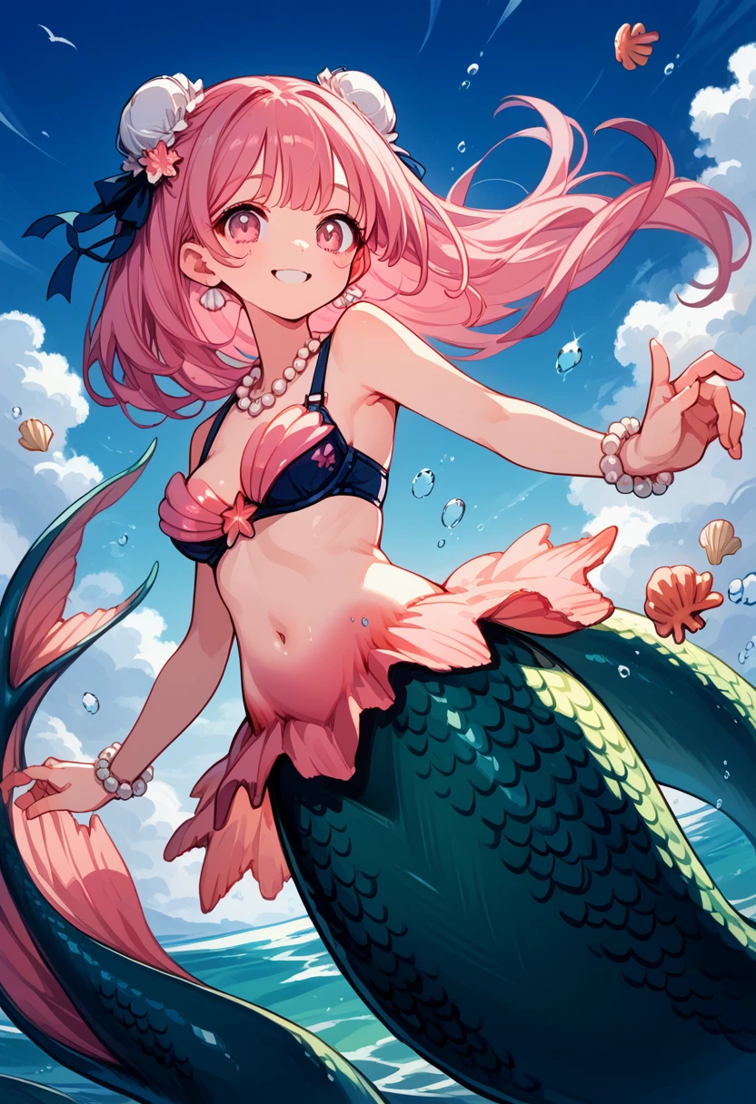 Very detailed, masterpiece, high quality, magically transformed into a mermaid、cute anthropomorphic mouse girl, Fantasy, Race change, smile, Anime Style, (((A long pink mermaid tail that falls below the waistline))), Pink pelvic fin and pink dorsal fin,(((whole bodyピンク色))),(((Seashell bra))), pearl earrings and bracelet, Pearl Necklace,masterpiece, 最high quality, High resolution, {Detailed and beautiful eyes}, finely, Detailed and beautiful eyes,1 Girl, (alone:1.5), (((Hair Ribbon:0.4)))), Pink Eyes,Cinematic Angles,perspective,(((White bun hair))),(((Long pink hair))),whole body,Kunimi Tama,