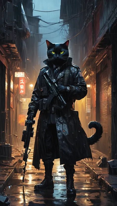 a man in military uniform、armed with a machine gun、noir style depiction of a black cat with a demonic face, patrolling the aband...