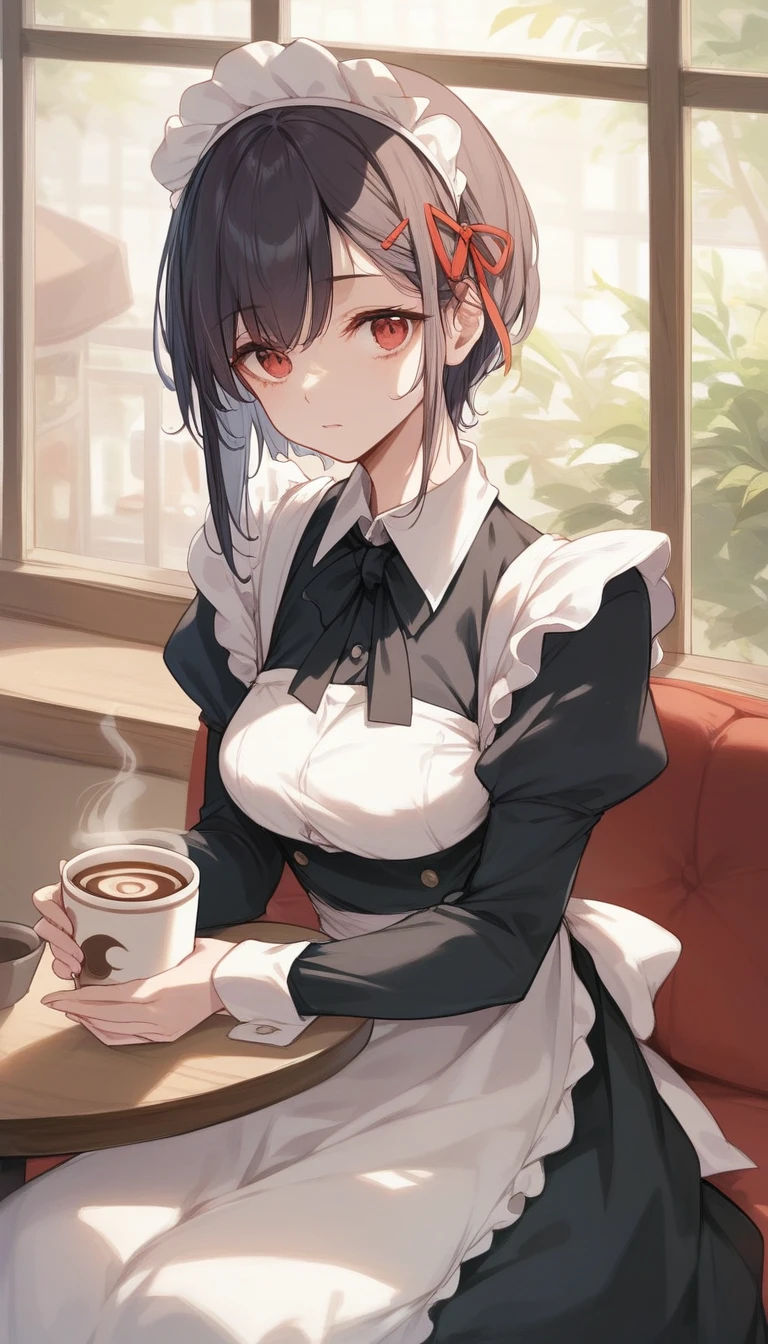 （masterpiece：1.2），Best quality，Perfect Anatomy，Very detailed，1 Girl，Solitary, high resolution，Red eyes，Maid costume，black，sitting in café，Holding a cup of coffee