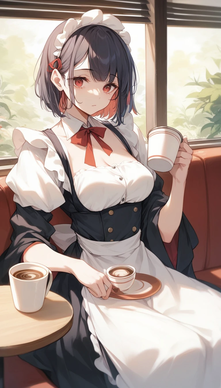 （masterpiece：1.2），Best quality，Perfect Anatomy，Very detailed，1 Girl，Solitary, high resolution，Red eyes，Maid costume，black，sitting in café，Holding a cup of coffee