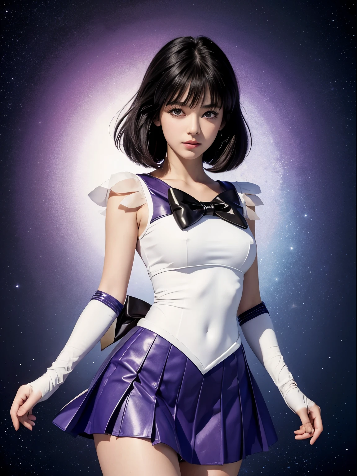 sailor saturn, 1 girl, black hair, short hair, purple eyes, detailed eyes, simple background, female focus, alone, Standing, Hotaru Tomoe, portrait, full body, (Masterpiece:1.0), (best quality:1.0) , (wallpaper 8k:1.0), (detailed beautiful face:1.0), (detailed deep eyes), deep eyes, looking at viewer, sailor scout, lilac bow on chest, lilac skirt, white gloves,,