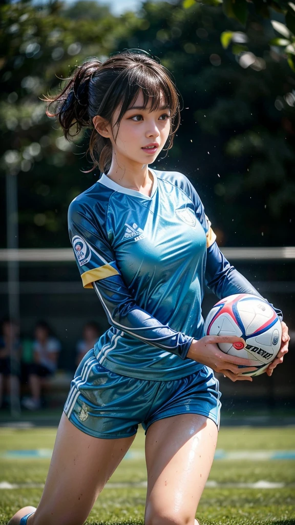 Highest quality, High resolution:1.2, Super detailed, Realistic:1.3, ((Beautiful woman))、((Ultra tight uniform))、Big Breasts、Vibrant colors, play soccer,((blunt bangs))、Has bangs、Wet Hair, Concentration, Splash, Action Shots, Grass blotches, Muddy ground, Wet turf, Decide, Fast-paced games, Athletic physique, Shiny soccer ball, Wet uniform, raindrop, Blurred motion, Focus on the ball, Intense competition, Skillful dribbling, Energetic play, Teamwork, powerful shoots, Wet pitch, Passionate sports, Fierce Decide, Humid atmosphere, Fluid movement, emotional expression、Dramatic lighting, Women's Sports, Avid athletes, Exciting Games, endure, Excited state, Speed and agility, Energetic play, 濡れたSplash、smile、