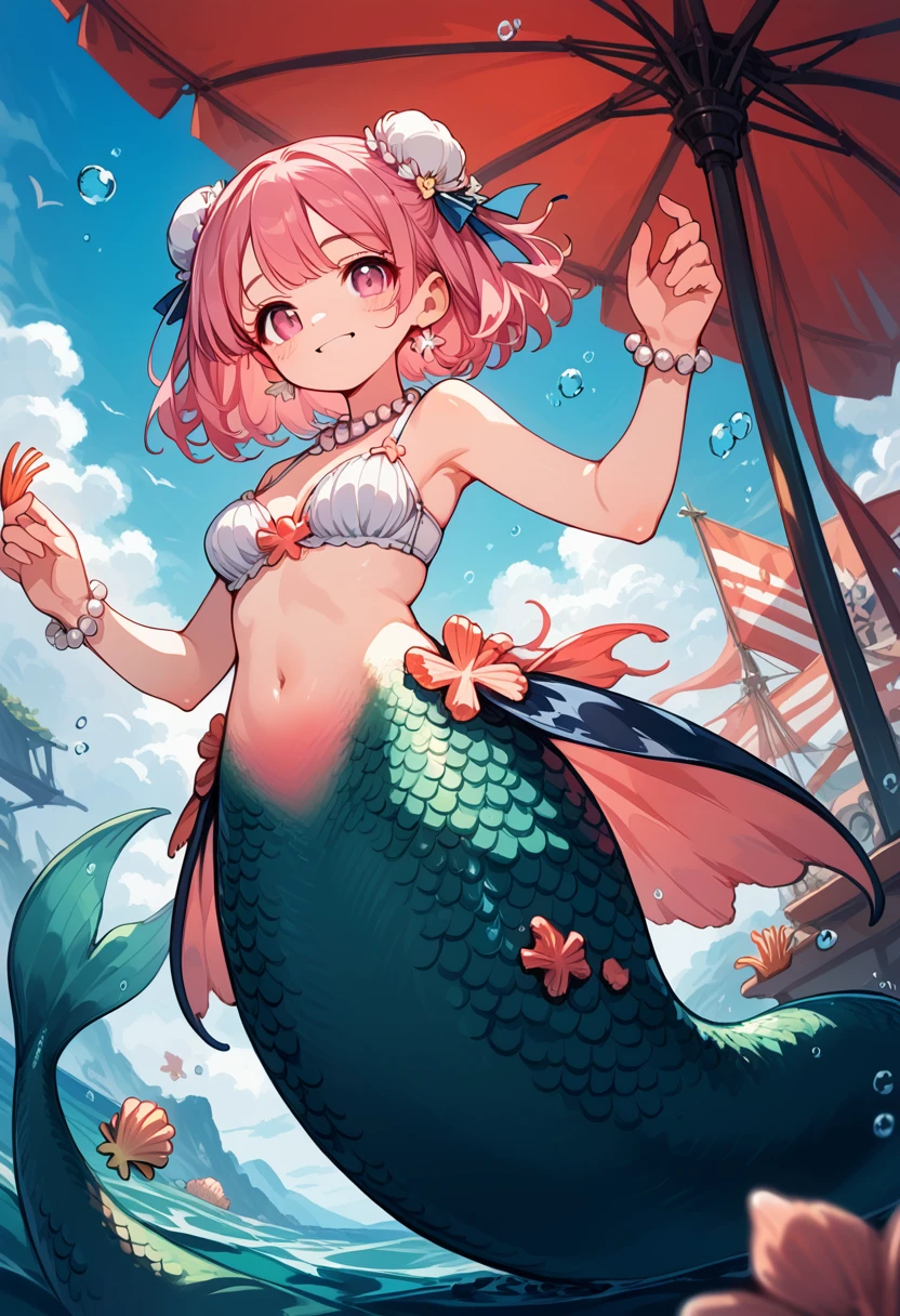 Very detailed, masterpiece, high quality, magically transformed into a mermaid、cute anthropomorphic mouse girl, Fantasy, Race change, smile, Anime Style, (((A long pink mermaid tail below the waistline))), Pink pelvic fin and pink dorsal fin,(((Seashell bra))), pearl earrings and bracelet, Pearl Necklace,masterpiece, 最high quality, High resolution, {Detailed and beautiful eyes}, finely, Detailed and beautiful eyes,1 Girl, (alone:1.5), (((Hair Ribbon:0.4)))), Pink Eyes,Cinematic Angles,perspective,(((White bun hair))),(((Long pink hair))),whole body,Kunimi Tama,