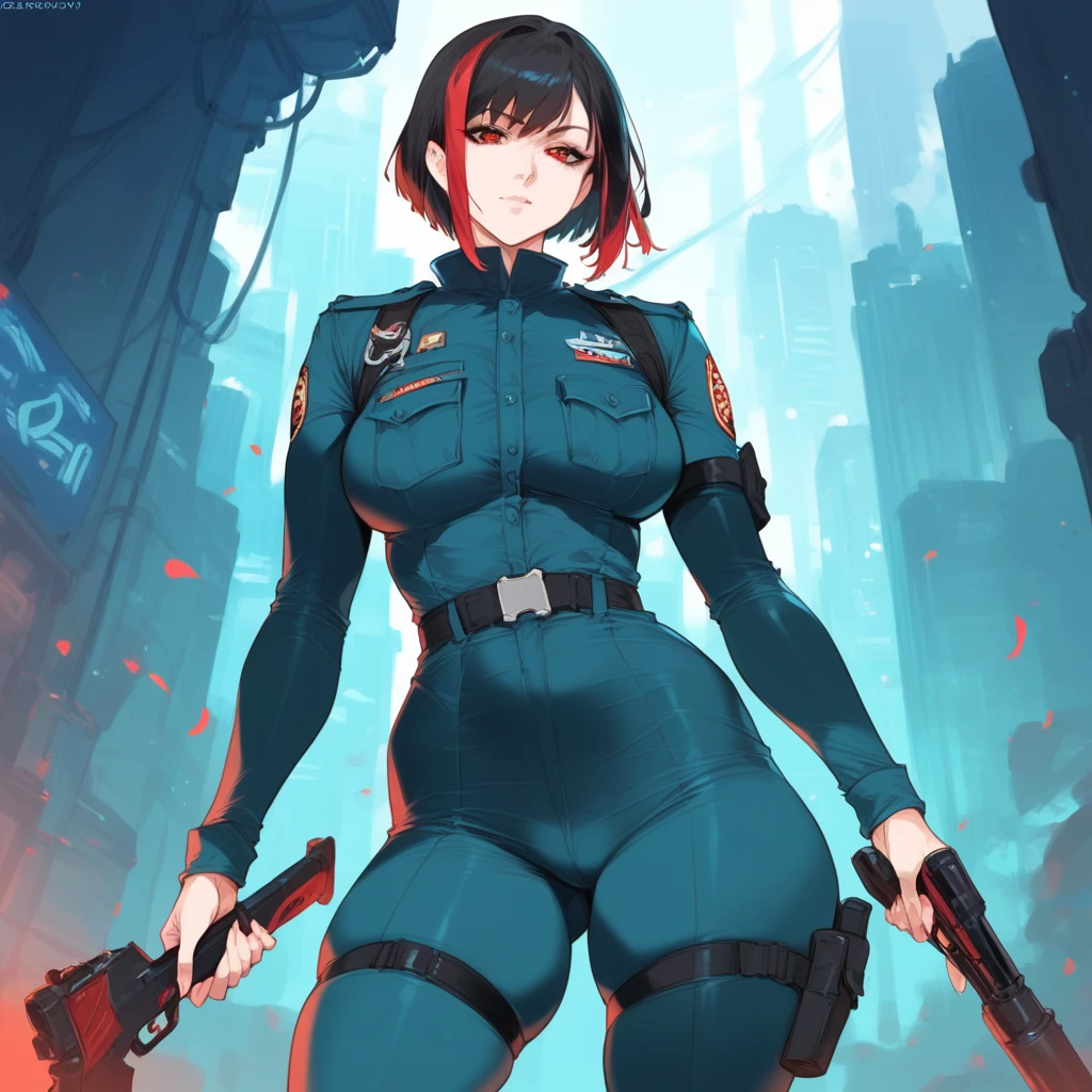 mixed_artwork style, 1 girl, standing alone, hands, Asian, Soldier outfit, futuristic, weapons, Sinister, short black hair with red highlights, red eyes, Photography,