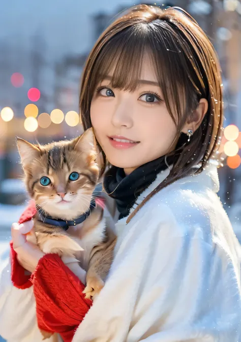 A toothy smile、blue eyes、Holding a kitten、Photo from the waist up、Night city illumination shot、Cowgirl Shot、Fur coat、Luxurious g...