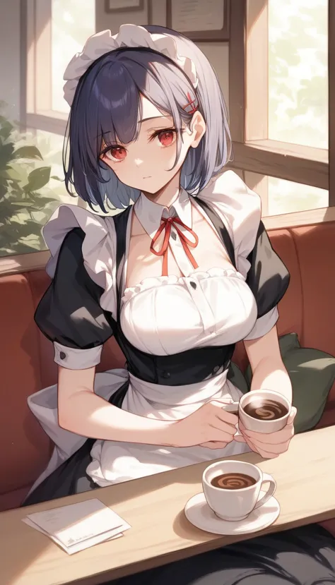 （masterpiece：1.2），best quality，perfect anatomy，very detailed，1 girl，solitary, high resolution，red eyes，maid costume，black，sittin...