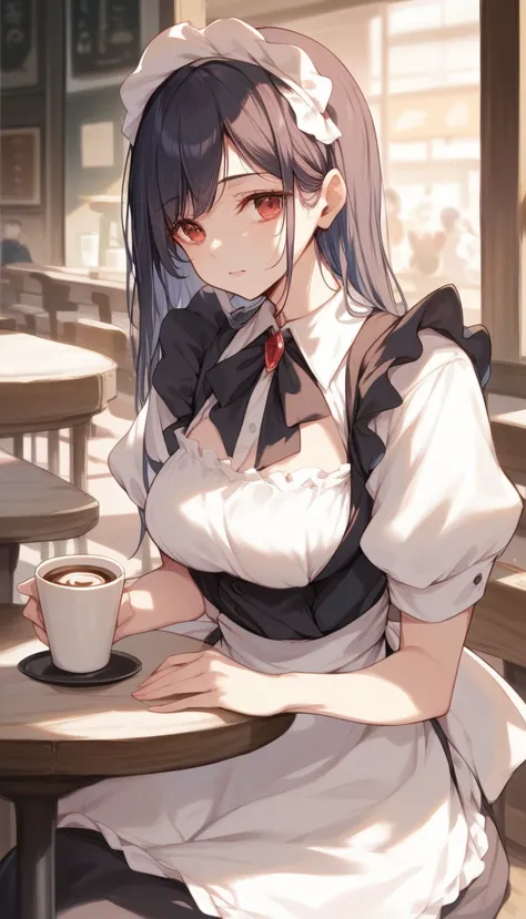 （masterpiece：1.2），best quality，perfect anatomy，very detailed，1 girl，solitary, high resolution，red eyes，maid costume，black，sittin...