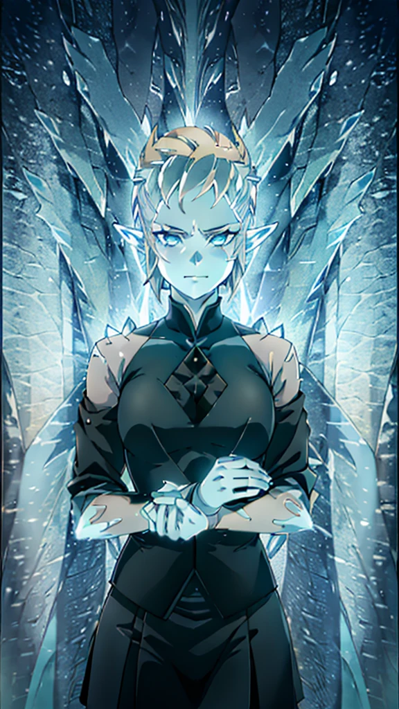 1girl ,solo,20s,mature female,serious face,short hair,elf ears,(grass),shirt,black standard tie,blue blazer,long sleeves, black pleated skirt,(upper body),frosty white Skin , Icy white hair ,Glacial blue eyes,ice body