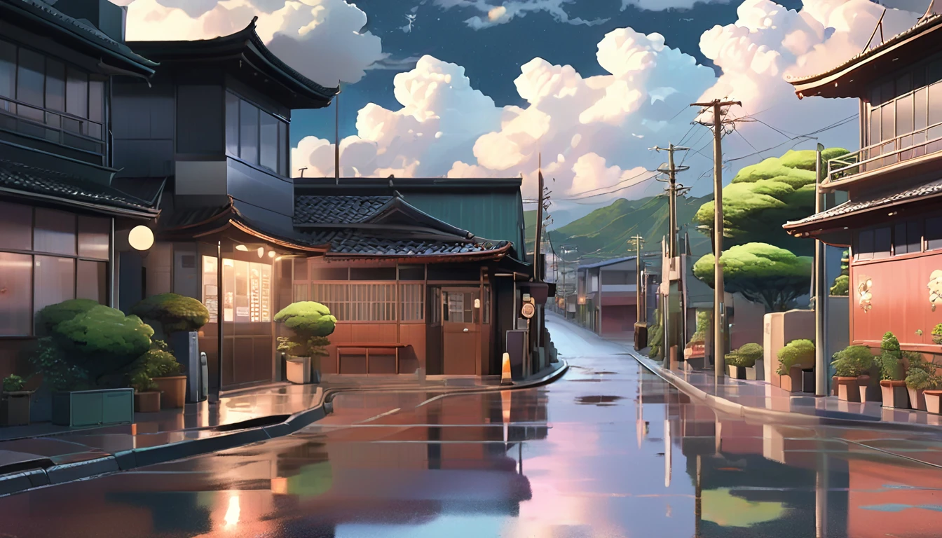 Generate a lofi anime style illustration of a deserted street with cloudy weather and relaxing atmosphere, with realistic details and professional aesthetics.