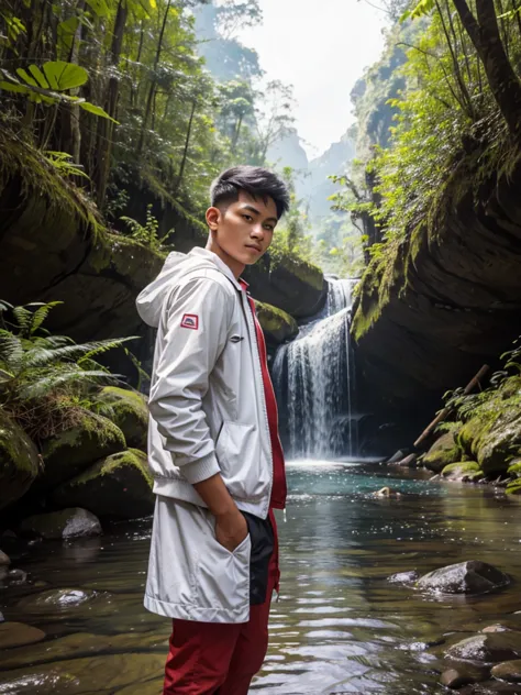 a Indonesian young man . Age around 20 years. There is only one person in the photo. wearing a white jacket. The whole body is d...