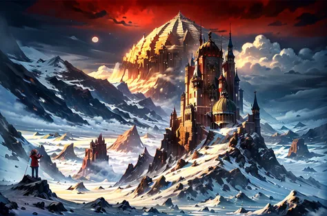 Best quality,masterpiece,High quality,castle,Snow Mountain,horizon,iceberg,bonfire,fantasy,The Peak,a mountainous horizon,explai...