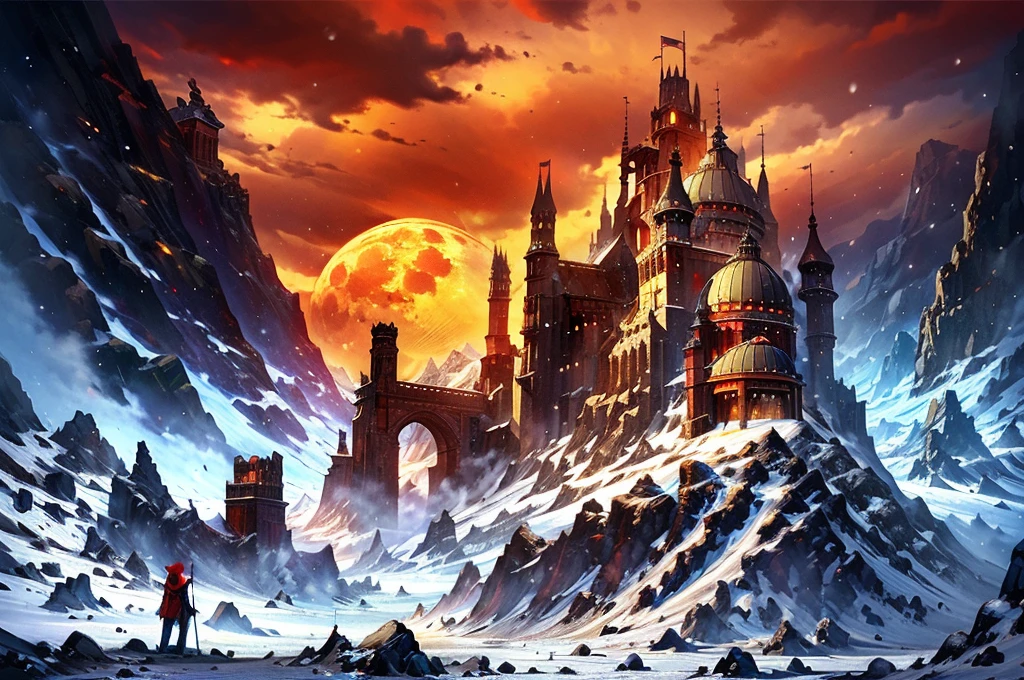 melhor qualidade,obra de arte,alta qualidade,castelo,montanha de neve,horizon,icebergue,fogueira,fantasia,O pico,um horizonte montanhoso,Explicar,paisagem,noite,Star,galáxia,lua Vermelha,