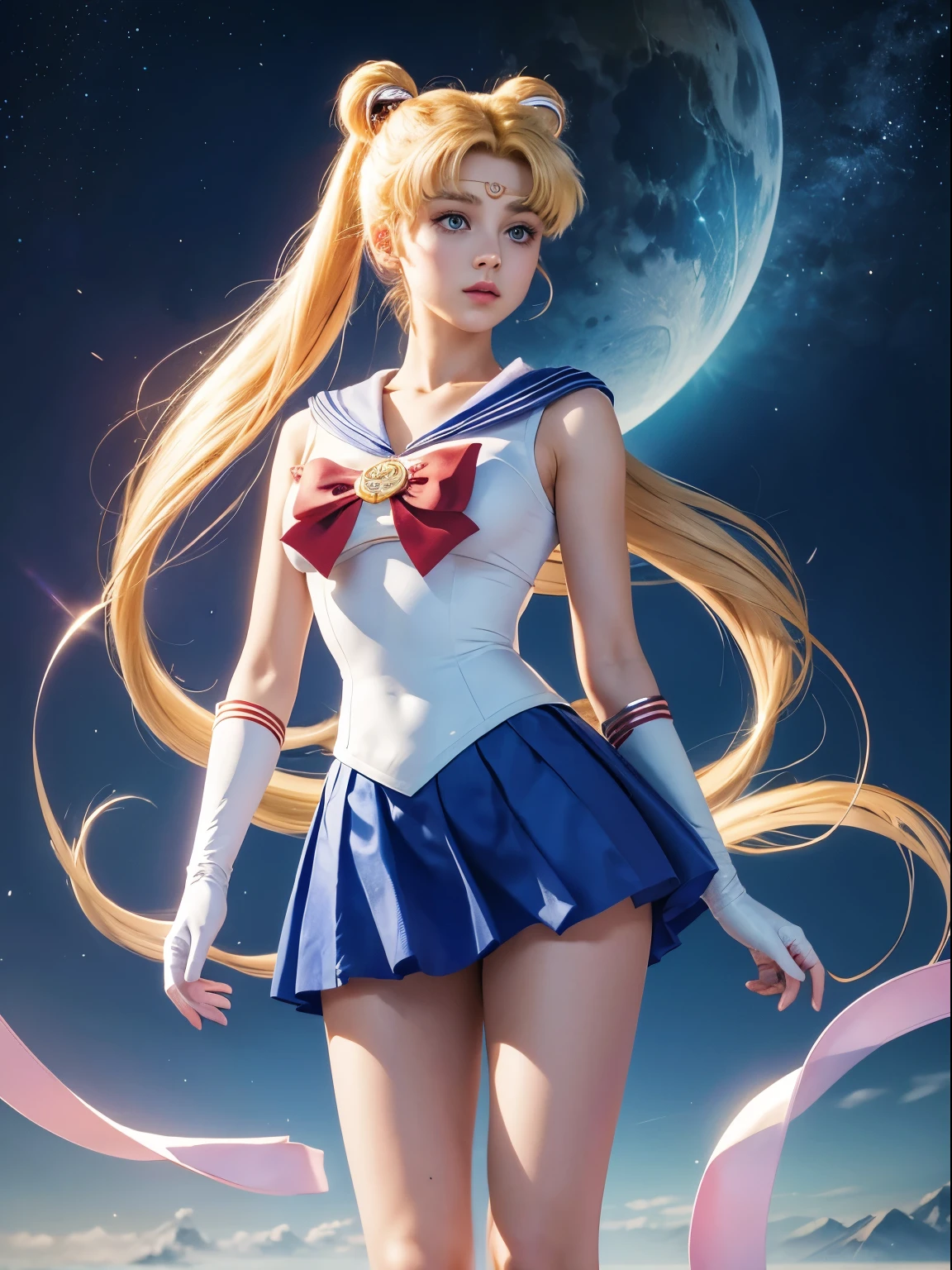 sailor moon, 1 girl, blonde hair, long hair, blue eyes, detailed eyes, simple background, female focus, alone, Standing, Usagi Tsukino, portrait, full body, (Masterpiece:1.0), (best quality:1.0) , (wallpaper 8k:1.0), (detailed beautiful face:1.0), (detailed deep eyes), deep eyes, looking at viewer, sailor scout, red bow on chest, blue skirt, white gloves,