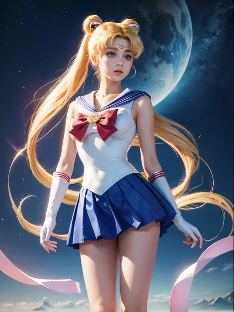 sailor moon, 1 girl, blonde hair, long hair, blue eyes, detailed eyes, simple background, female focus, alone, Standing, Usagi T...