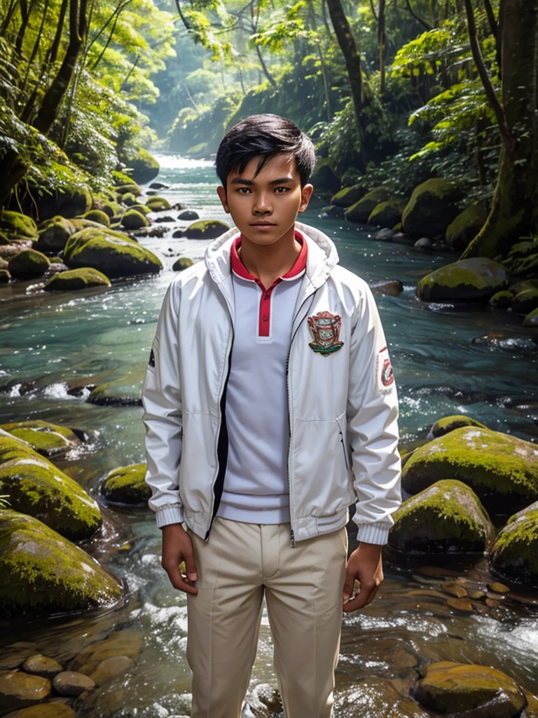 a Indonesian young man . Age around 20 years. There is only one person in the photo. wearing a white jacket. The whole body is depicted facing forward. The background is a river in the forest.