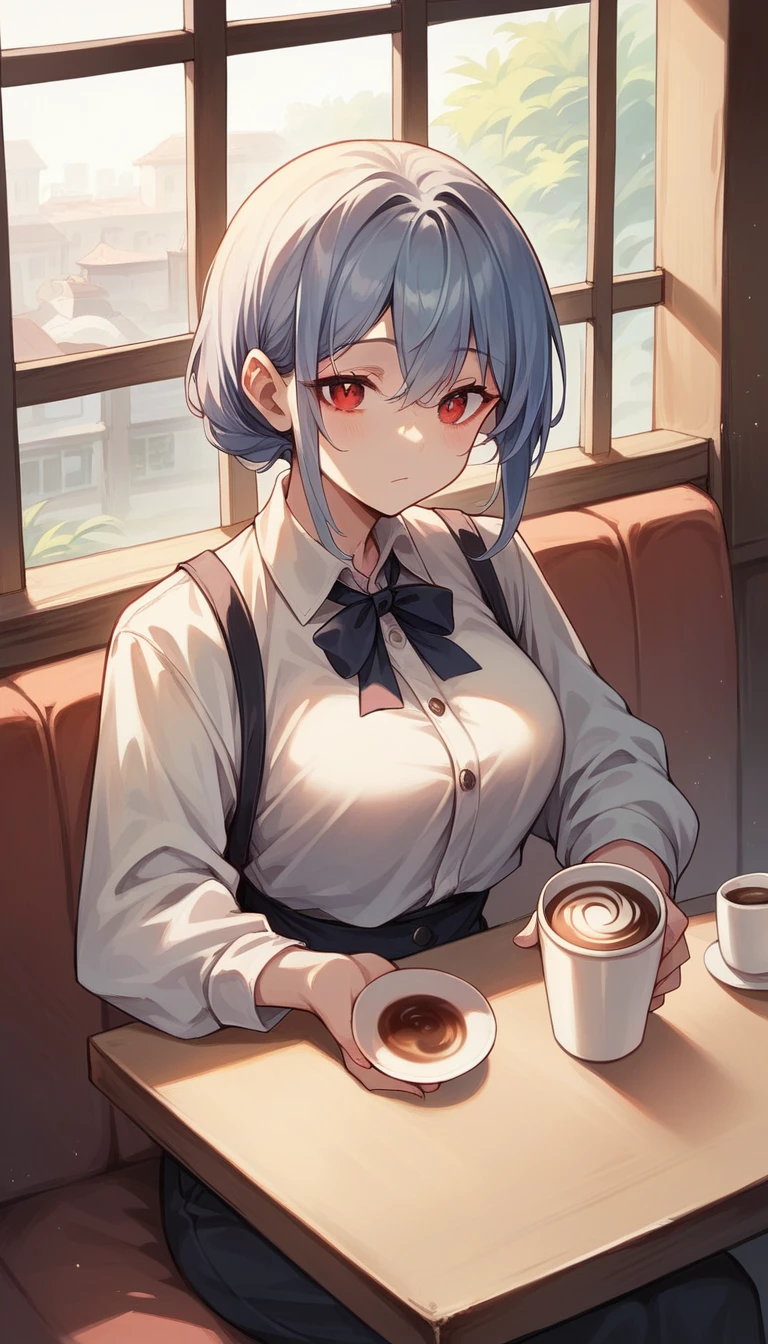 （masterpiece：1.2），Best quality，Perfect Anatomy，Very detailed，1 Girl，Solitary, high resolution，Red eyes，，sitting in café，Holding a cup of coffee，Zero game characters