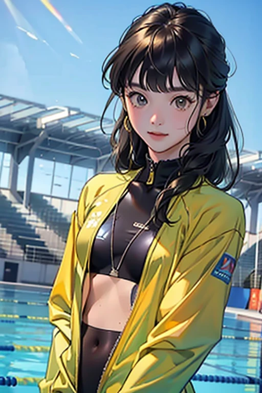 masterpiece、Highest quality、High resolution、Two realistic girls、Competitive swimmer、Close-up of a person、wearing a yellow bodysuit、During Competitive swimmerics competitions、smile、Swimming Venues、sexy competition swimwear 