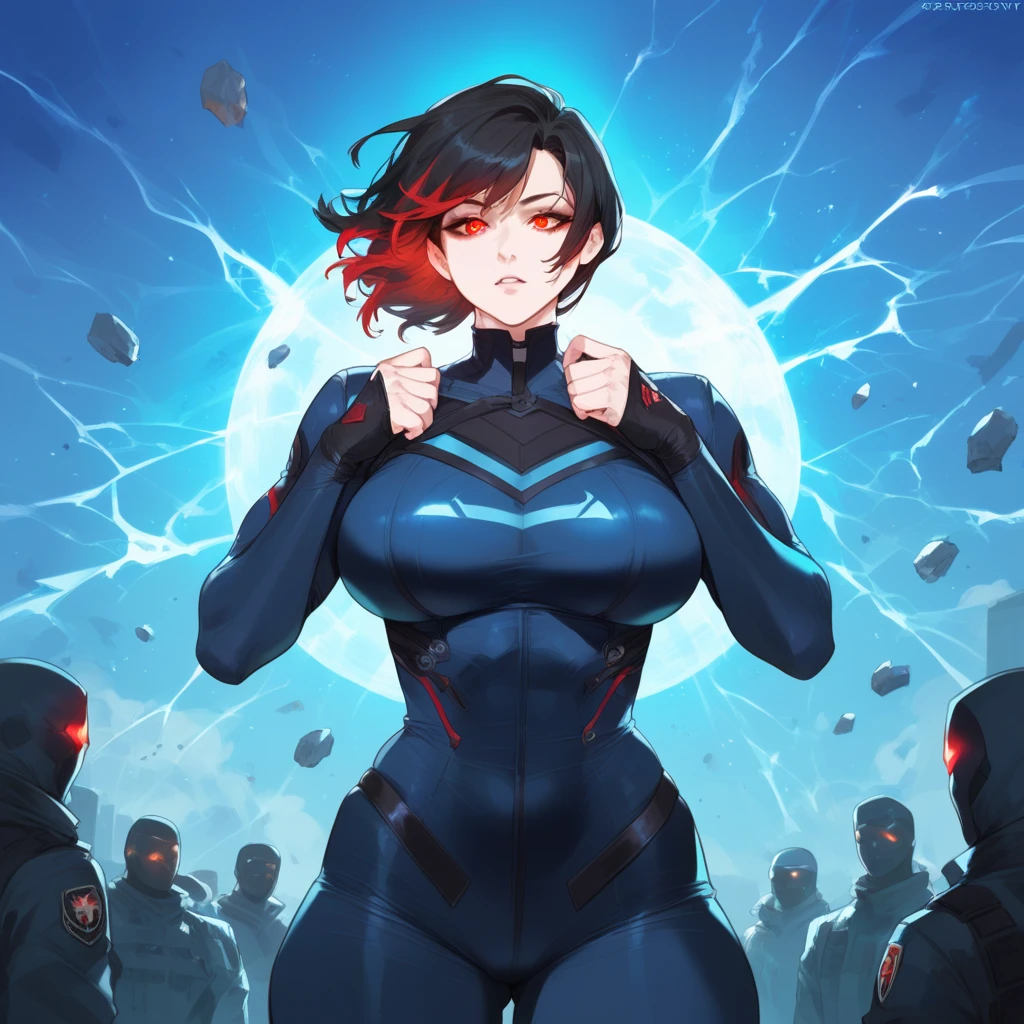 mixed_artwork style, 1 girl, standing alone, hands, Asian, Superhero landing, impact, cracks, effect, synthetic body, energy glowing eyes, surrounded by soldiers, action, cinematic, Sinister, short black hair with red highlights, red eyes, Photography,