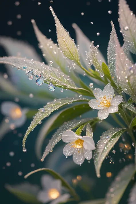 a close up of a plant with water droplets on it, a macro photograph by marie bashkirtseff, flickr, pointillism, bokeh. iridescen...