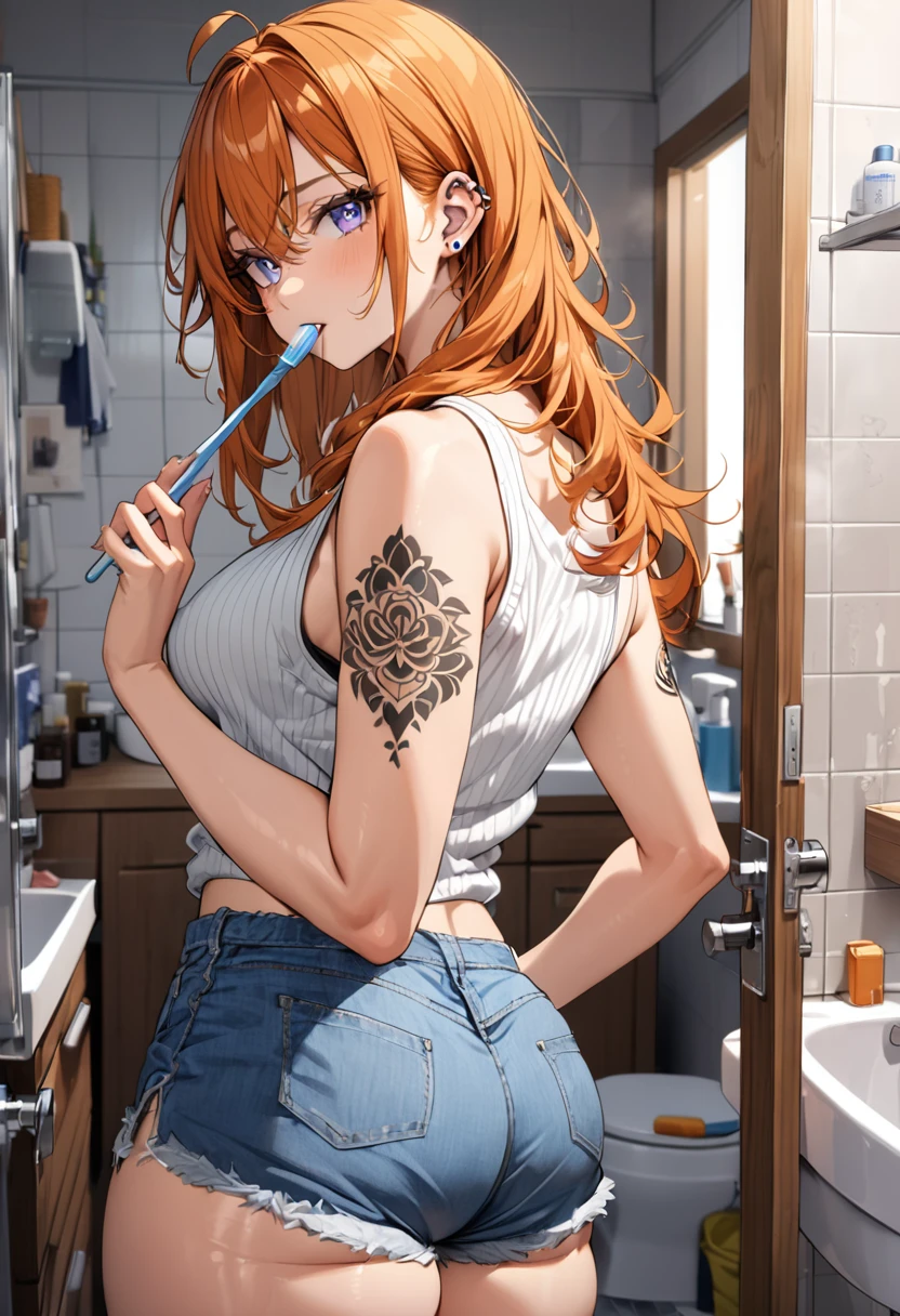 20 year old female, long orange hair, messy hair, perfect eyes, perfect silver irises, perfect pupils, thick thighs, thin ribbed tanktop, shorts, comfy clothes, many ear piercings, brushing teeth, looking back over shoulder, messy bathroom, small bathroom, highly detailed, best detail, best hands, right forearm tattoo, perfect tattoo